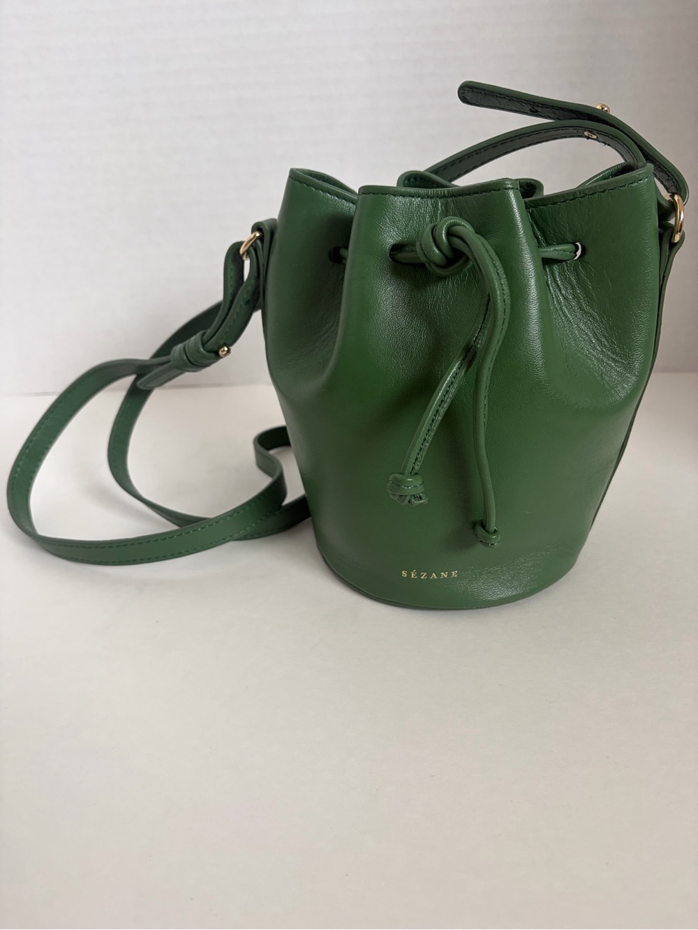 Sezane Nano Farrow Bucket Bag Crossbody Purse Mini Handbag Smooth Leather Green - Picture 2 of 13